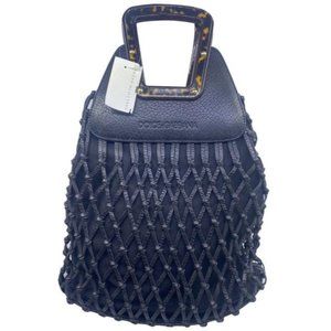 Dolce And Gabbana Woven With Tortoise Wood Handle Black Leather Tote